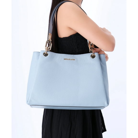 Michael Kors Women's Leather Solid Print Triple Gusset Compartment Shoulder Bag, Pale Blue