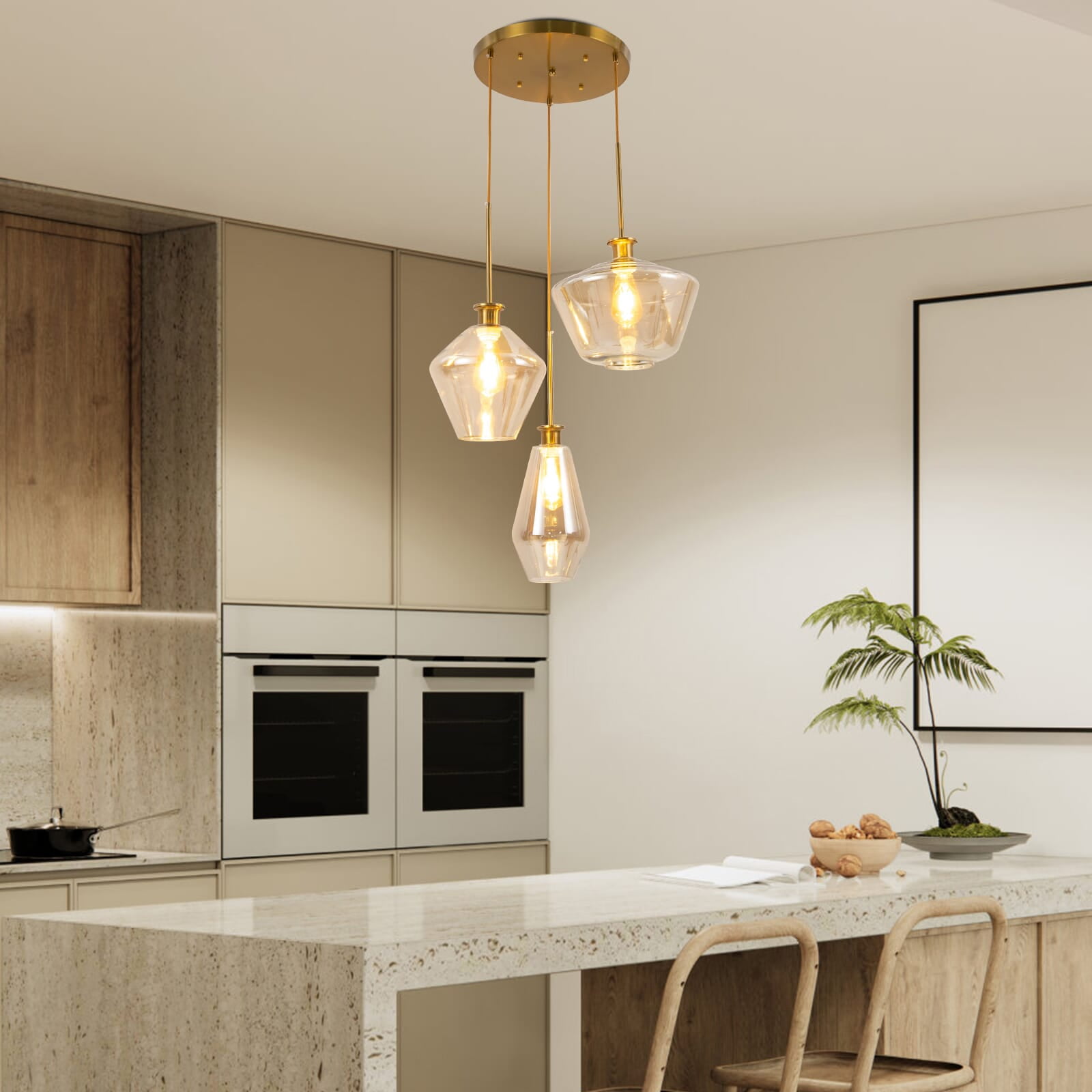 Modern Champagne Gold Glasses Pendant Light,3-Light Height Adjustable Hanging Chandelier Ceiling Light Fixture with Glass Lampshade for Dining Room Living Room