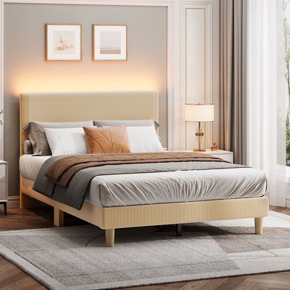 Bestier Corduroy Upholstered Full Bed Frame with Adjustable Headboard, Platform Bed Frame with LED Light, Solid Wood Slats, No Box Spring Needed, Beige