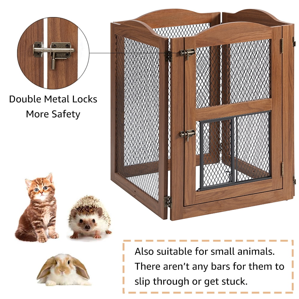 Unipaws Freestanding Pet Gate with Small Cat Door, Wooden Dog Gates with 3 Support Feet, Walnut