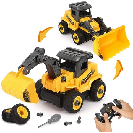 Construction Trucks for Boys - 2 in 1 RC Construction Vehicles - Take Apart Construction Toys - Remote Control Excavator and Bulldozer Toys for Boys, Gift for 3 4 5 6 7 Year Old Boy & Kid