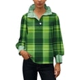 thumbnail image 4 of St. Patrick's Day Hoodie for Women Classic Plaid Pattern Ribbed Collared Button Placket Long Sleeve Loose Fit Festive Holiday Graphic Top, 4 of 6