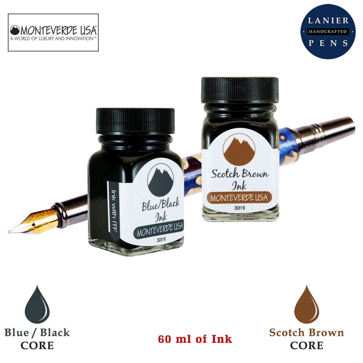 Monteverde 60ml Core Fountain Pen Ink Bottle (30ml Blue/Black Ink Bottle G309BB, 30ml Scotch Brown Ink Bottle G309SB)