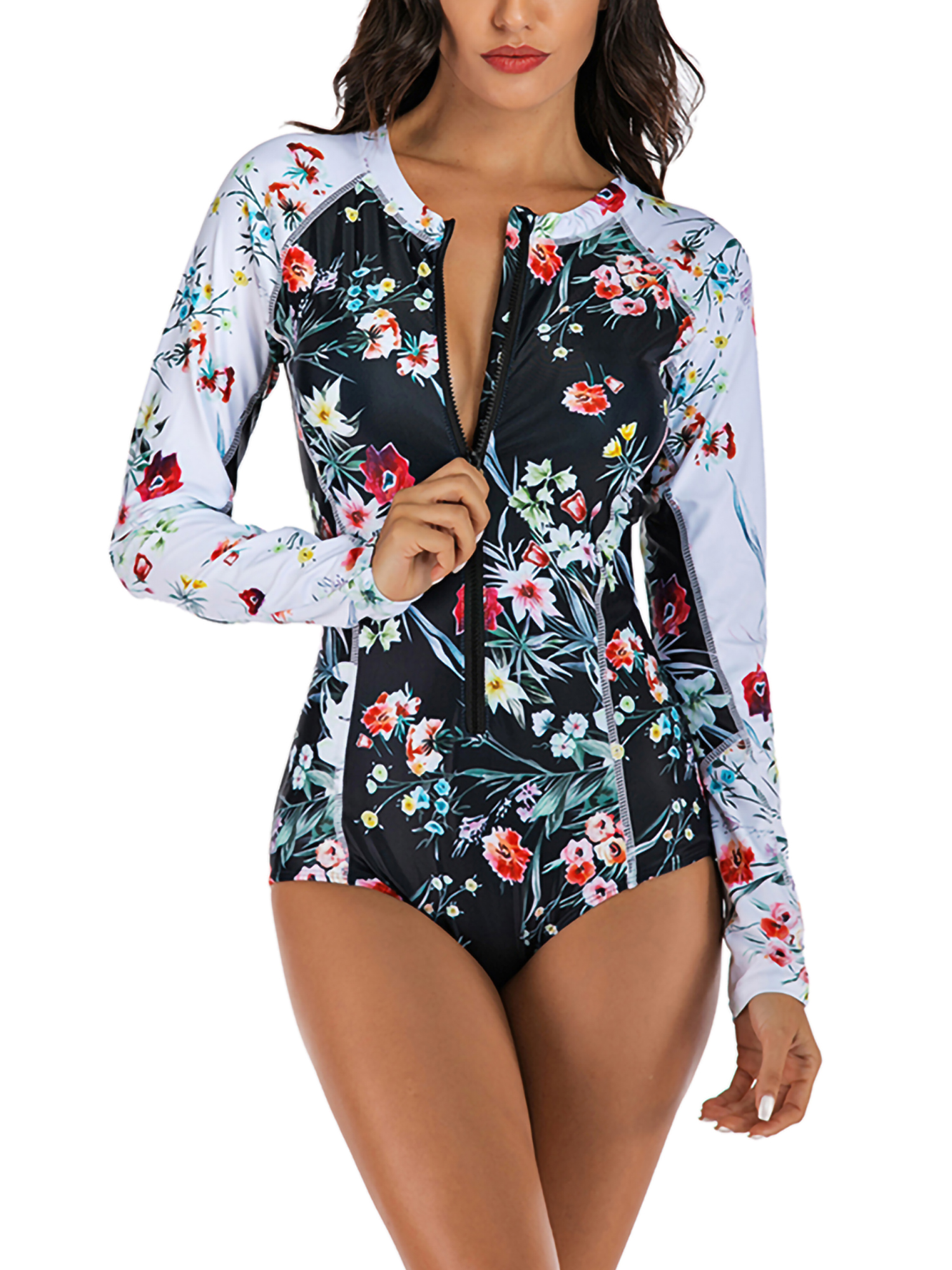Long Sleeve One-piece Swimsuits for Women Surfing Diving Suit Bathing Suits Sexy Ladies S-2XL Floral Tummy Control - image 3 of 8