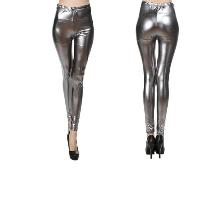 JBEELATE Women Faux Patent Leather Leggings Wet Look Metallic