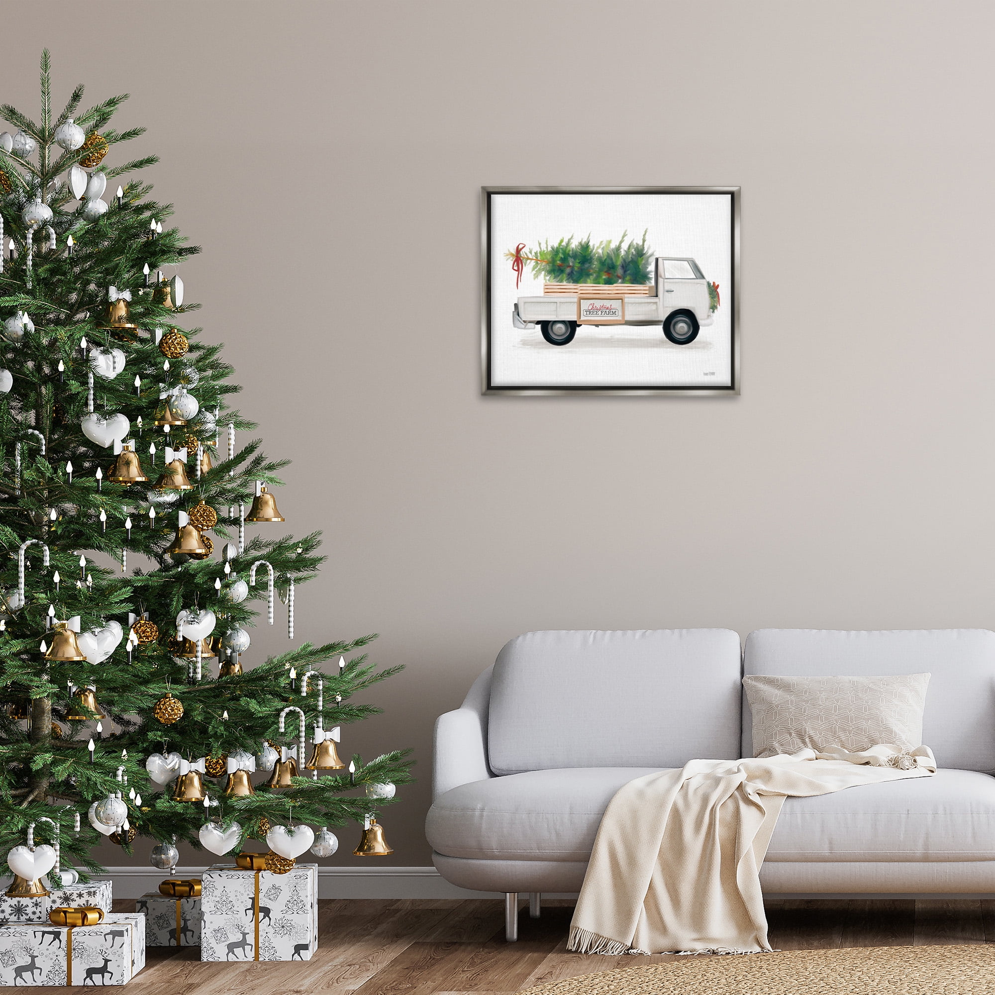 Stupell Industries Christmas Tree Farm Truck Holiday Painting Gray Floater Framed Canvas Art Print Wall Art, 31 x 25