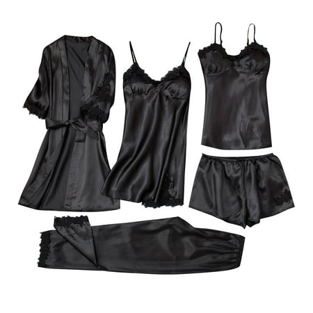 

Qcmgmg 5 Piece Pajamas for Women Lace Shorts Pants Robe Dress Sleepwear Solid Color Cami Pajamas Set Black S
