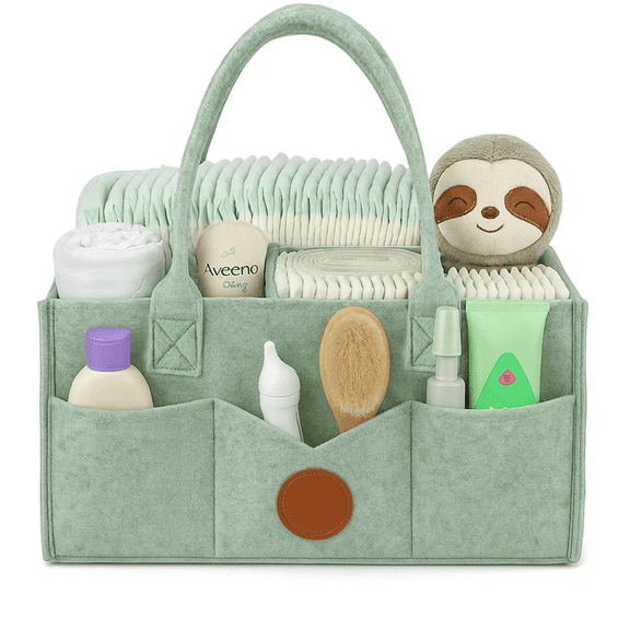 AWLYLNLL Diaper Caddy Organizer - Diaper Caddy for Baby Nursery Storage, Felt Diaper Organizer for Baby Stuff with Handle, 13" x 9" x 7" Portable Baby Basket Boy Girl Changing Table Organizer (Green)