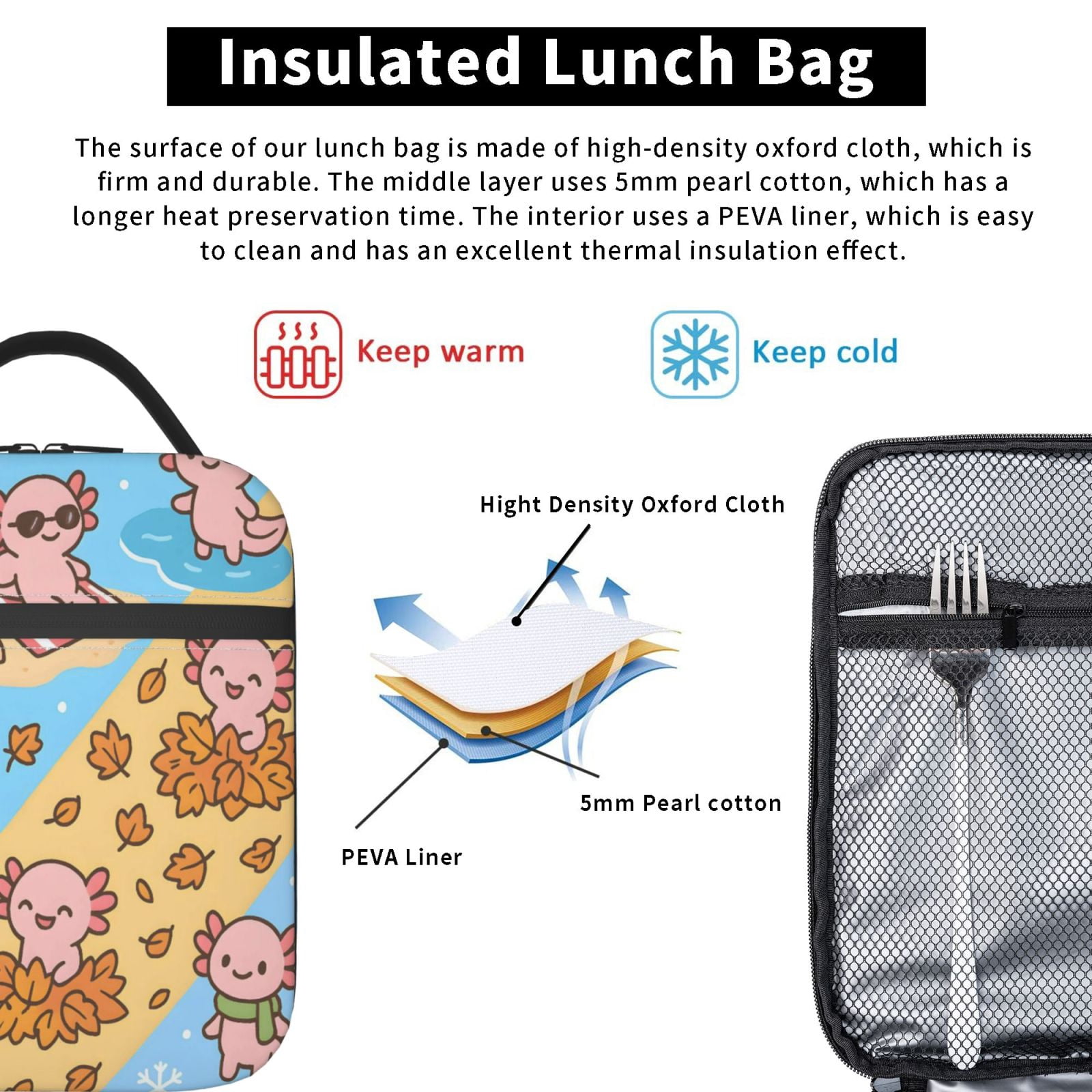 Lunch Bag For Women Men Insulated Portable Lunch Box Bento Box Office Picnic Travel Cooler Bag Seasonal Quartet Axolotls - Year-Round