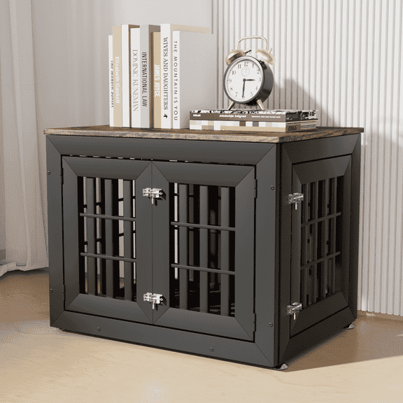 Snuowu 32" Heavy Duty Dog Crate Furniture for Small,Medium and Large Dogs,Rustic Wooden Dog Cage Kennel Indoor Furniture with Waterproof Top,Decorative Pet House Side End Table (Black & Wood)