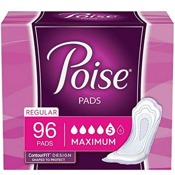 Poise Incontinence Pads for Women, Maximum Absorbency, Regular Length, 96 Count (2 Packs of 48) (Packaging May Vary)