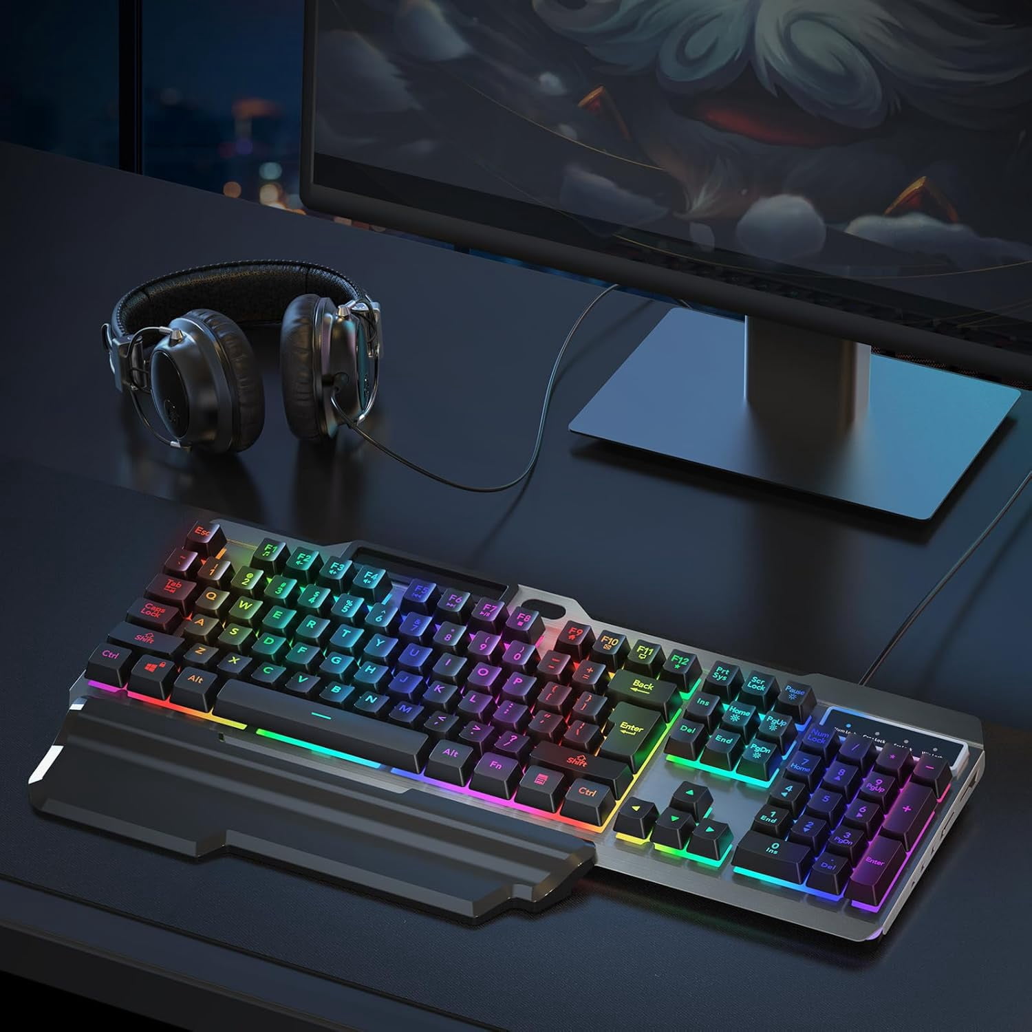 RaceGT Wired Gaming Keyboard, Colorful LED Backlit Anti-ghosting Computer Keyboard with Wrist Rest, Spill-Resistant Design, Multimedia Keys, Quiet Ergonomic Keyboard for Windows Laptop PC Mac