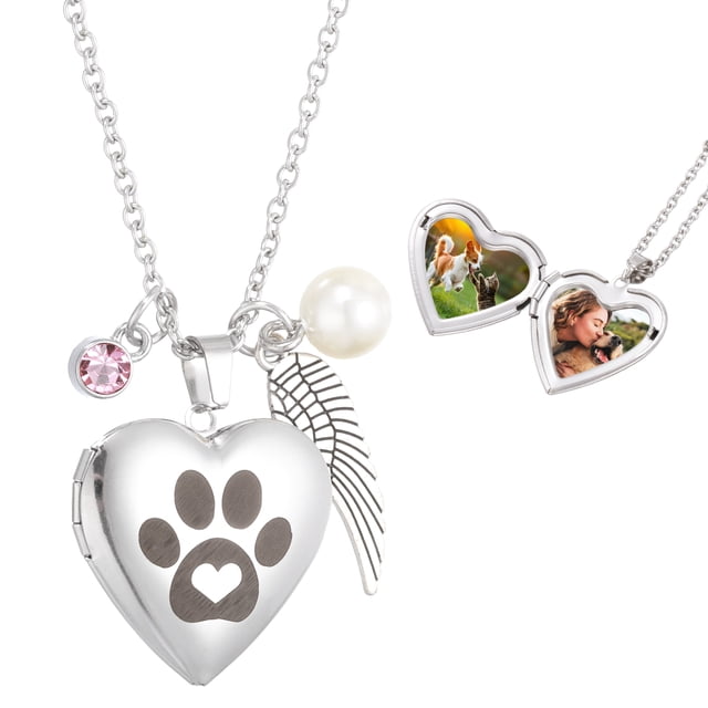 Colgante de Huella de Perro Uxcell para Mujeres, Acero Inoxidable con Piedra Rosa de Octubre, Ala, Perla y Caja de Regalo para Amantes de Perros y Gatos
