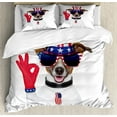 thumbnail image 1 of 4th of July Duvet Cover Set King Size, Jack Russell with an Uncle Sam Hat Gloves and Giant Sunglasses Celebrating, Decorative 3 Piece Bedding Set with 2 Pillow Shams, Multicolor, by Ambesonne, 1 of 3