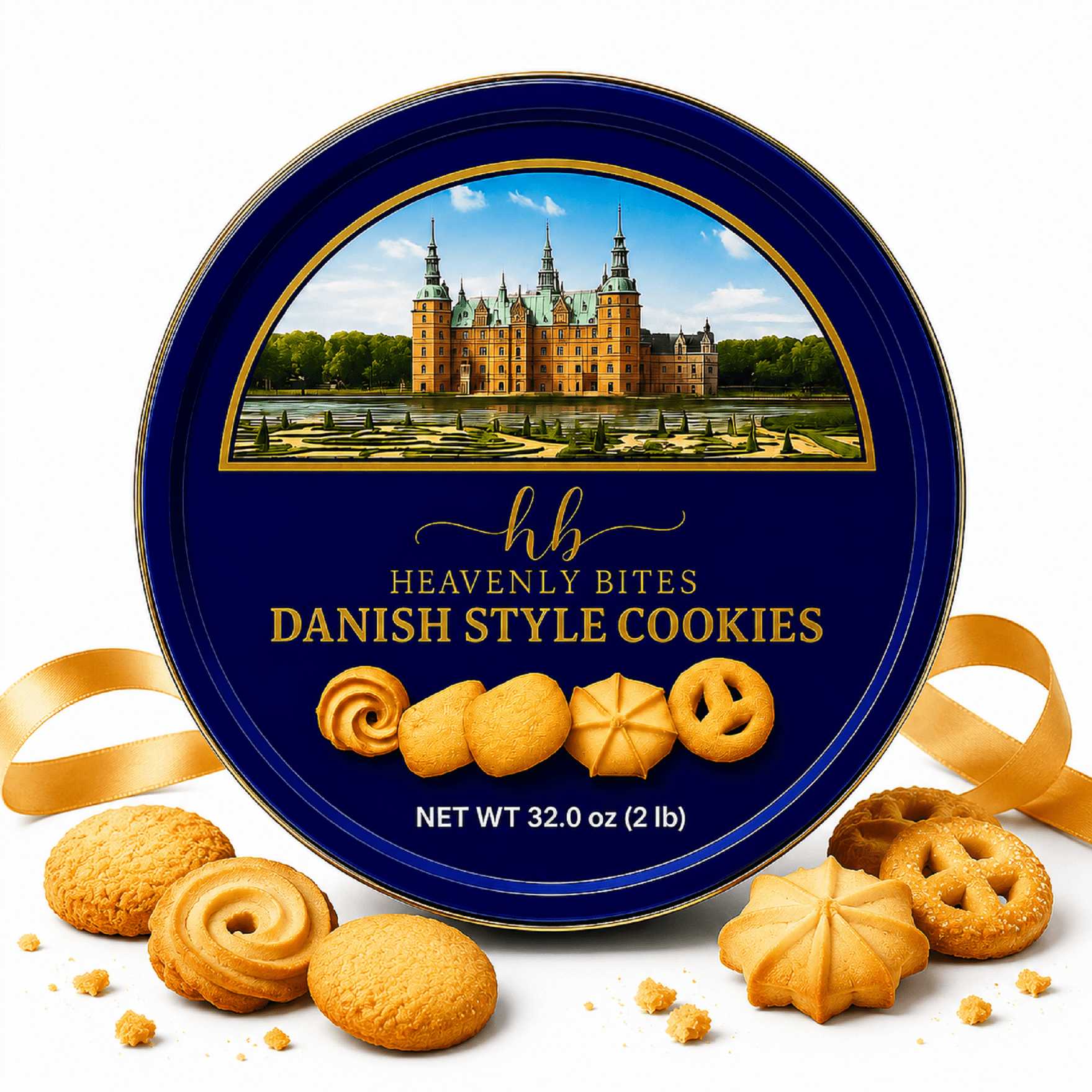 Heavenly Bites Danish Butter Cookies - Gift Metal Tin - 32 oz - Holiday Sweet Snack