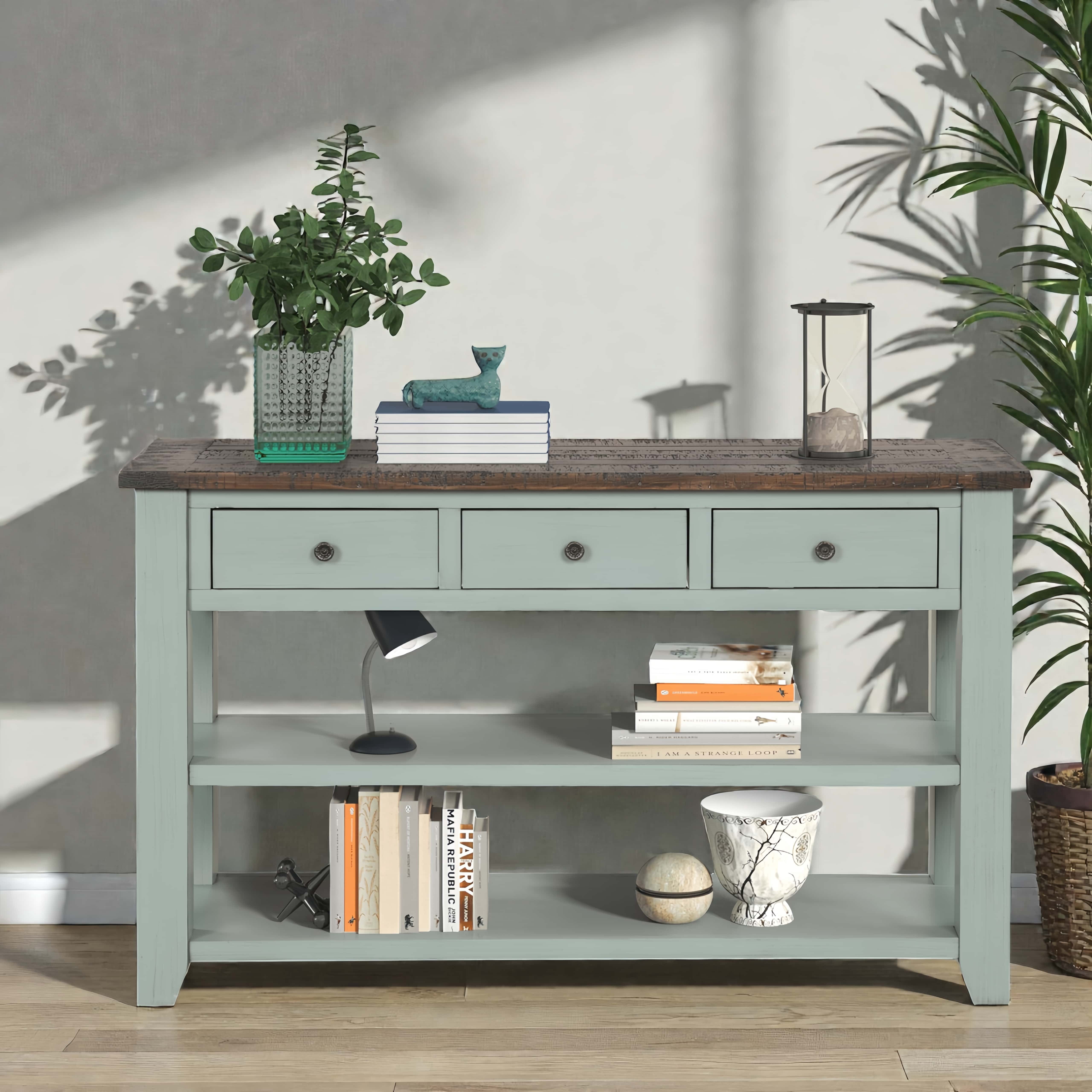 Tcbosik 48 inch Console Table, Entryway Table with Open Shelves and 3 Storage Drawers, Behind Couch Table for Foyer, Hallway, Living Room, Retro Blue