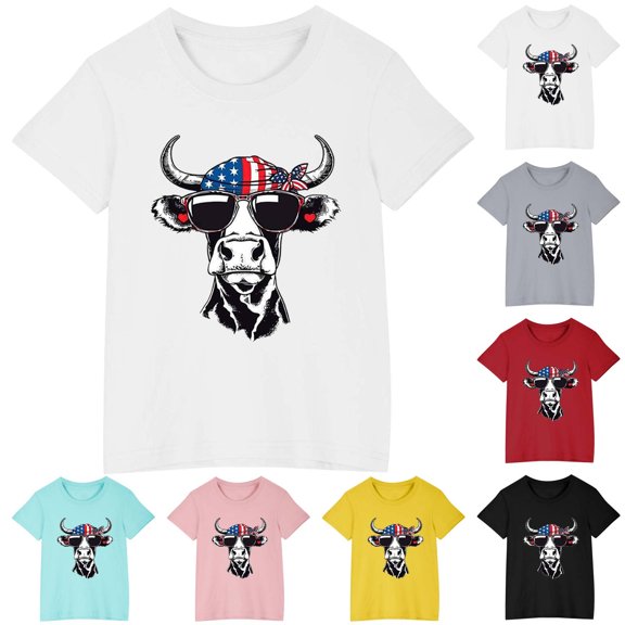 Zwiiyzr Toddler Boys Girls Cute Cotton T-Shirt Independence Day Summer Short Sleeve Trendy Round Neck Print Tee Top for 3-10 Years Black