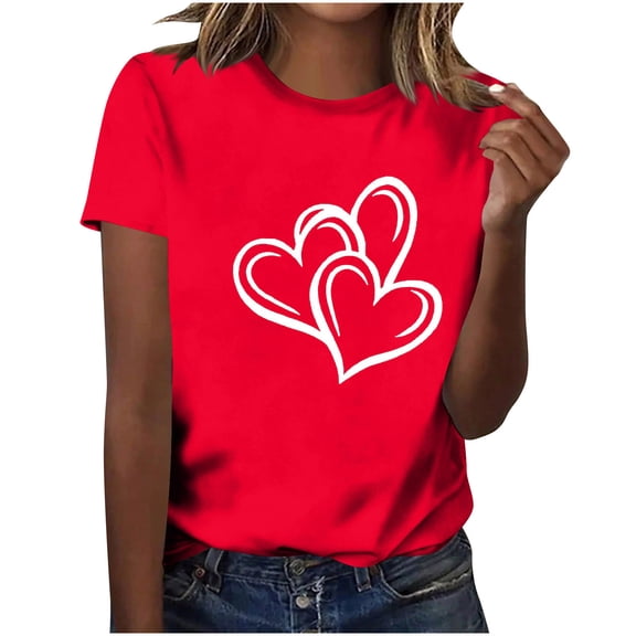 Atogsazn Women's Summer Hearts Tshirt Crewneck Short Sleeve Basic Tops Loose Fit Pullover Shirt Outfit Clothing 01-Red XL Fashion