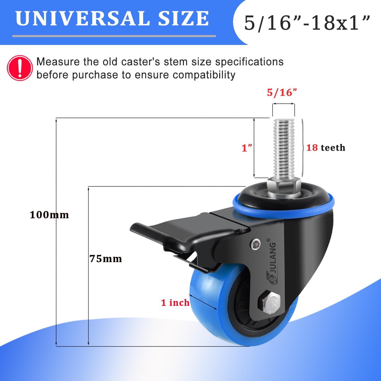 2 inch Caster Wheels 5/16" Threaded Stem Casters Set of 4 Heavy Duty, Locking & Stem Mount (UNC 5/16" -18 x1 & Weight Capacity 580 lbs) Casters for Wire Shelving, Carts, Furniture.(Blue)