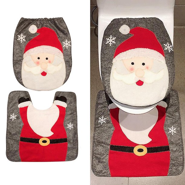 Funda de asiento de inodoro navideña, 2 piezas de funda de asiento de inodoro, funda de asiento de inodoro y tapete navideños de Papá Noel, juego de accesorios de baño navideños decorativos