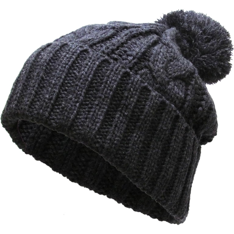Dark Gray Slouchy Cable Knit Pom Pom Beanie Winter Cap  display picture 3