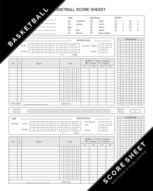 Matthew D. Publishing Basketball Score Sheet Basketball Scoring Game