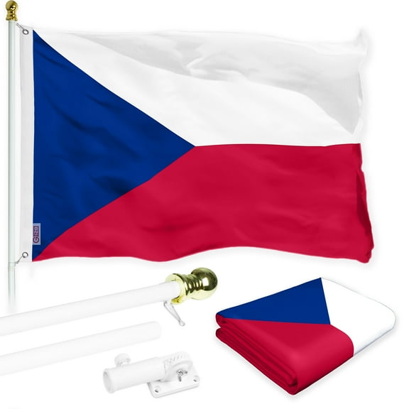 G128 Combo Pack: 6 Ft Tangle Free Spinning Flagpole (White) & Czech Republic Flag 3x5 Ft Printed 150D Polyester, Brass Grommets (Flag Included) Aluminum Flag Pole