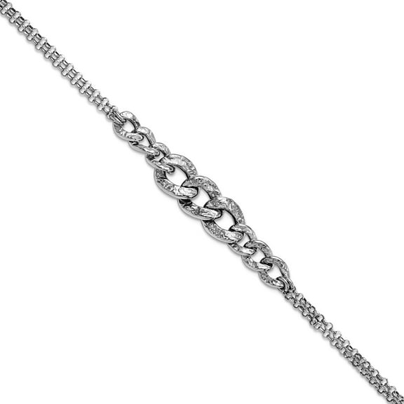 925 Sterling Silver Rhod-pl Textured Link 2 Strand With 1inch Ext Bracelet 7 Inch 8.75mm Wide Strand Bracelet for Women