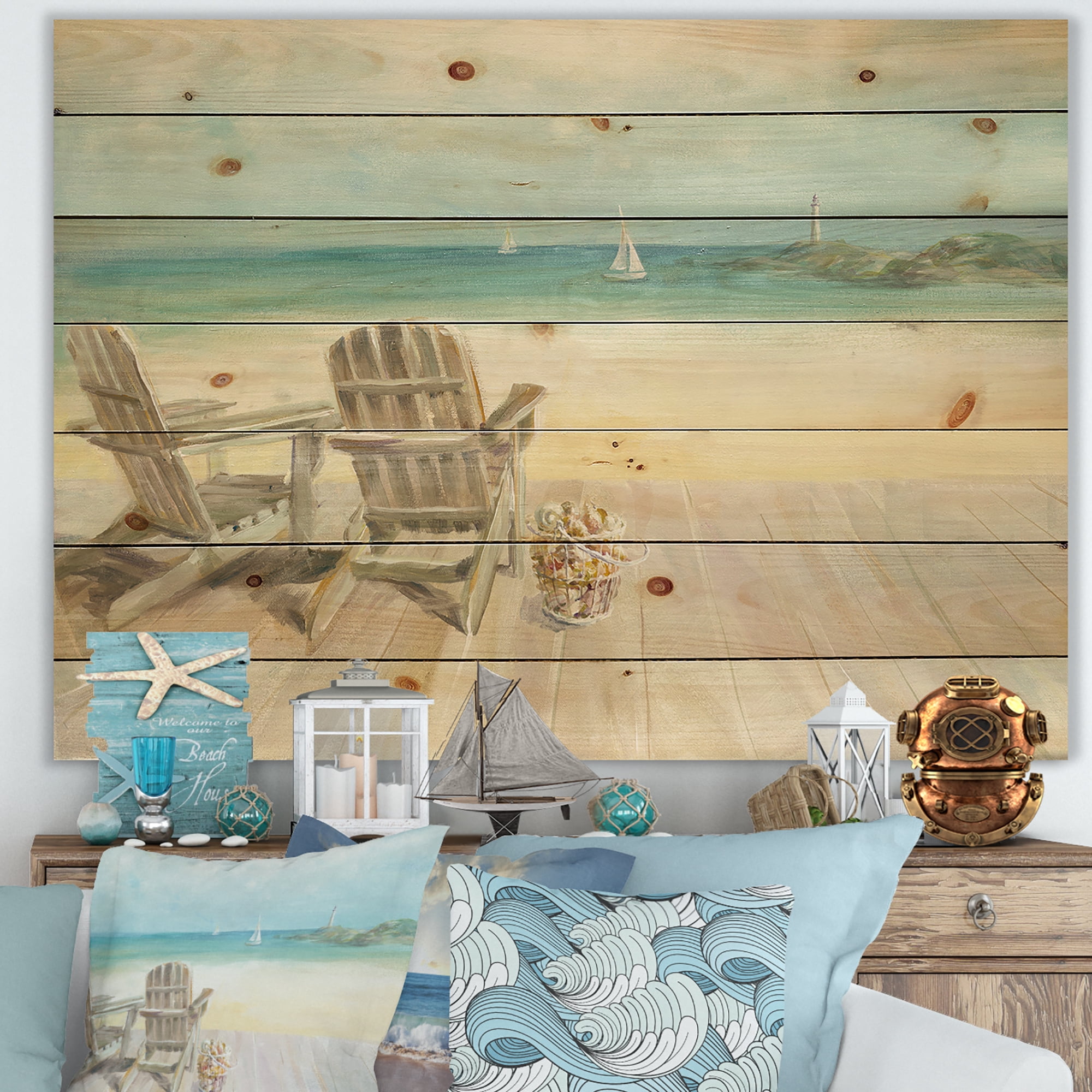 Designart 'Seaside Morning no Window' Coastal Print on Natural Pine Wood