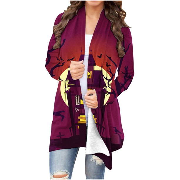 ICHUANYI Clearance Women's Fashion Halloween Printed Long Sleeved Cardigan Jacket Tops(Wine, XL) ICHUANYI WER2023081511489
