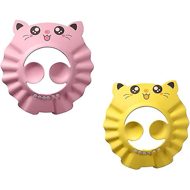 Gorro de ducha para bebé con forma de gato de 2 piezas (rosa y amarillo), gorro de ducha ajustable para bañera con champú, gorro con capucha para champú, gorro con visera solar, gorro impermeable, ade