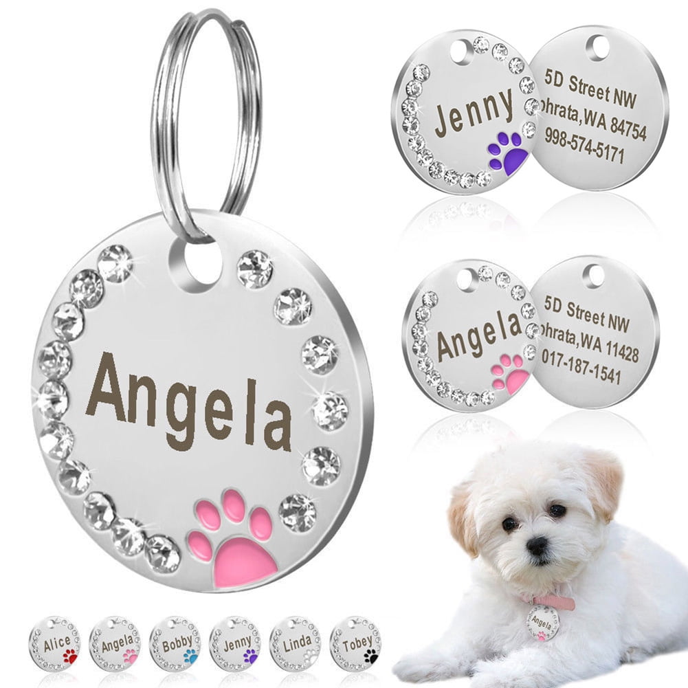 Cheers 25mm Metal Blank Dog Tag Paw Rhinestone Pet Cat Id Name Engraved Key Ring Chain Blue