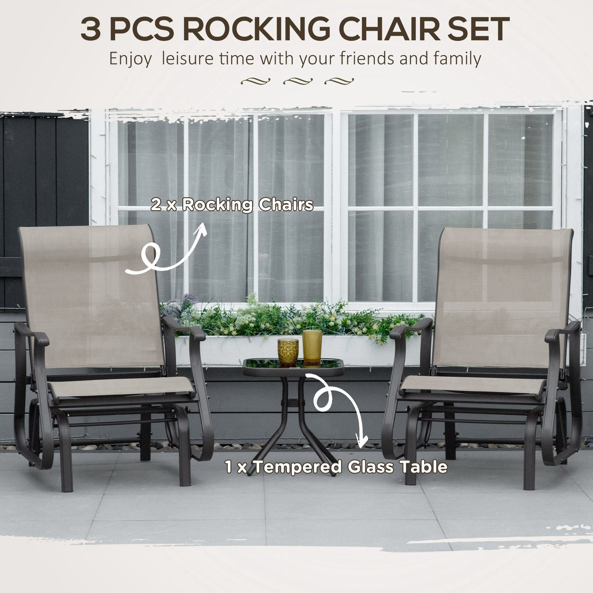 3-Piece Gliding Chair & Tea Table Set, Outdoor 2 Rocker Seats with Steel Frame, Tempered Glass Tabletop, Garden Patio Furniture, Grey