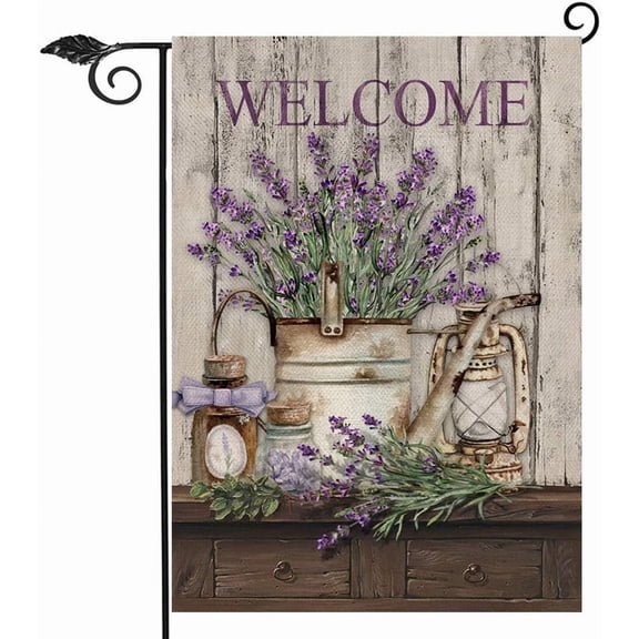 Welcome Spring Summer Garden Flag Lavender Flower Bucket, Decorative House Yard Lawn Outdoor Small Burlap Flag Lantern Decor, Vintage Farmhouse Seasonal Outside Decorations Double Sided 12.5 x 18