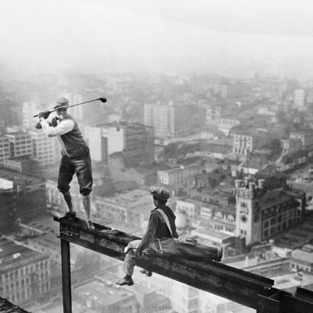 - Golfer Teeing off on Girder High above City Golf Vintage Photo Print Wall Art