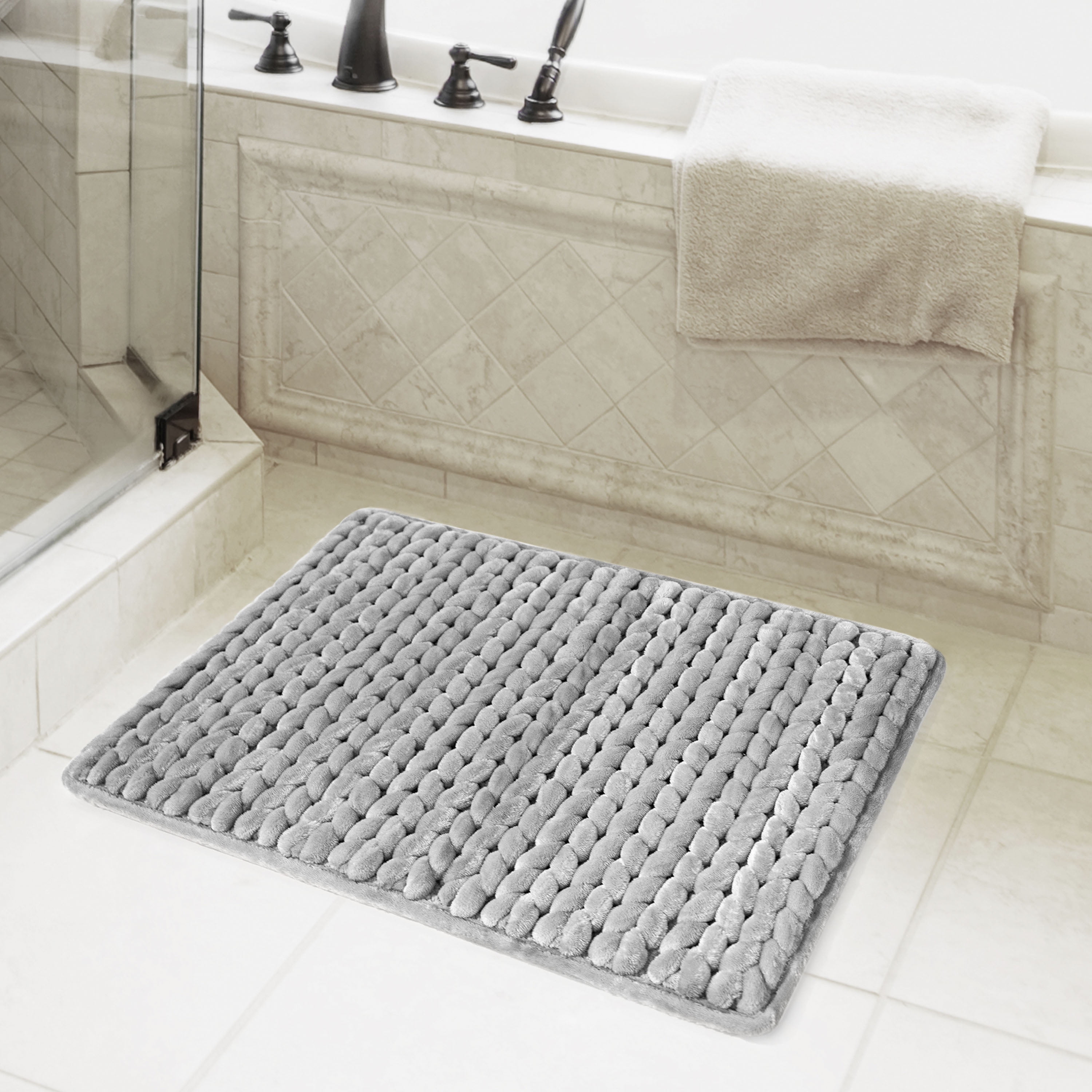 Better Homes & Gardens Thick & Plush Braided Bath Rug, Light Grey, Charcoal Infused Memory Foam, 17x24", 1