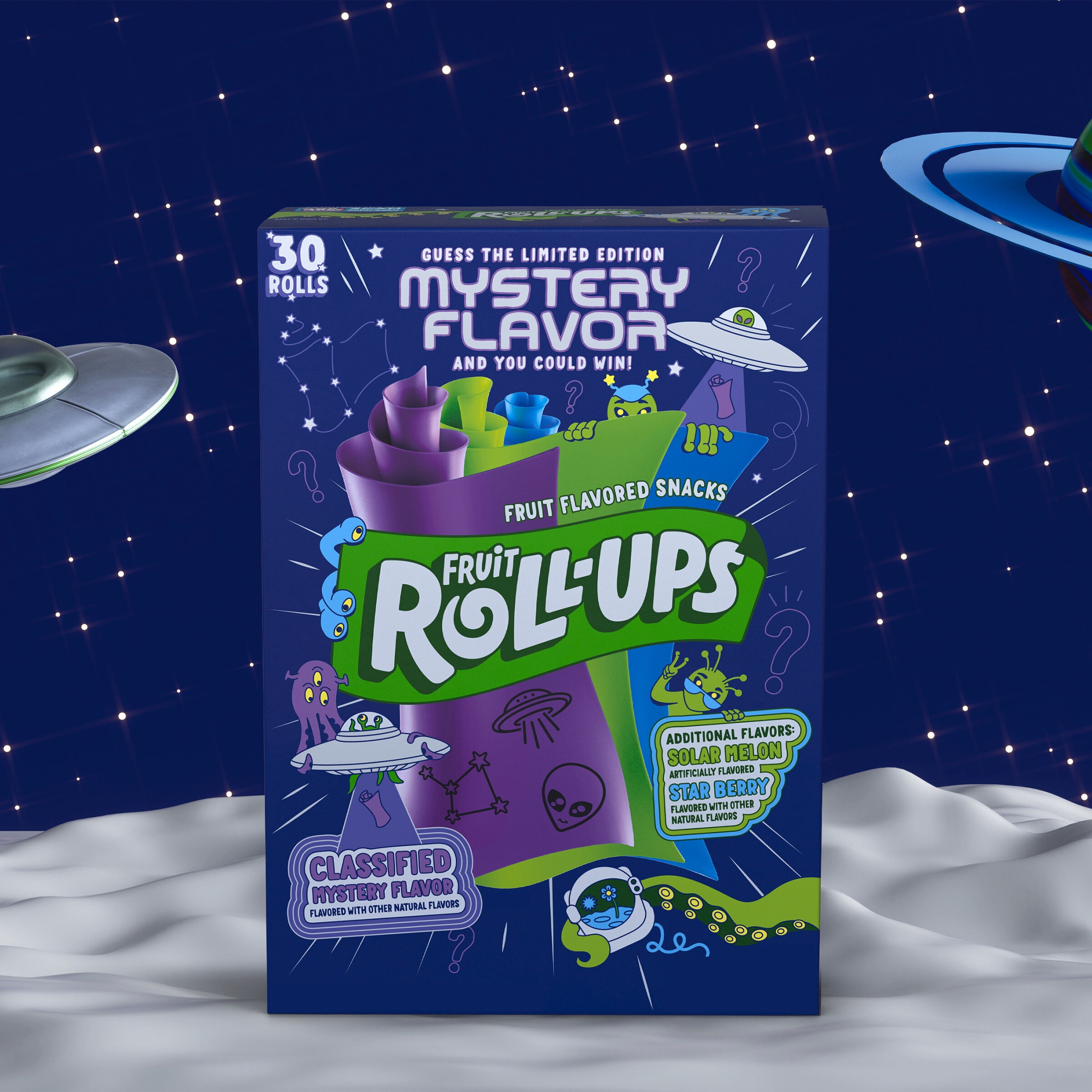 (2 pack) Fruit Roll-Ups Fruit Flavored Snacks, Mystery Flavor, Solar Melon, and Star Berry, 30 ct