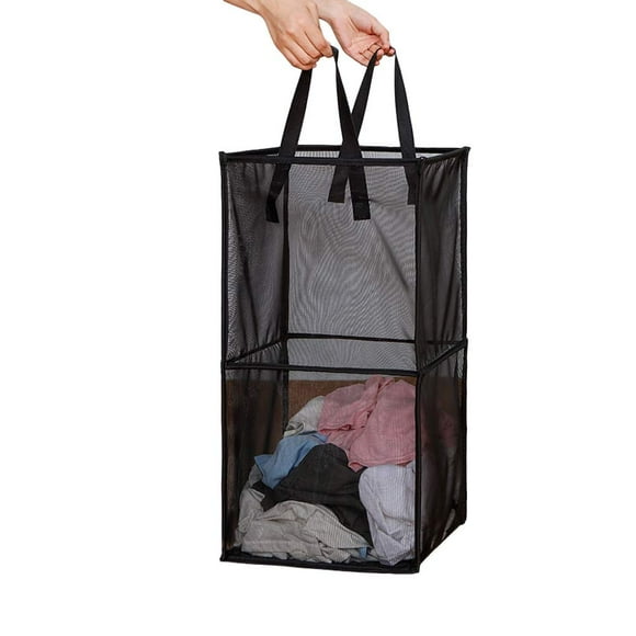 HONOMA Laundry Bags Hamper Bag with Handles Portable & Collapsible Dirty Clothes Mesh Basket Foldable for Washing Storage Kids Room Dorm or Travel (Black Double-Layer)