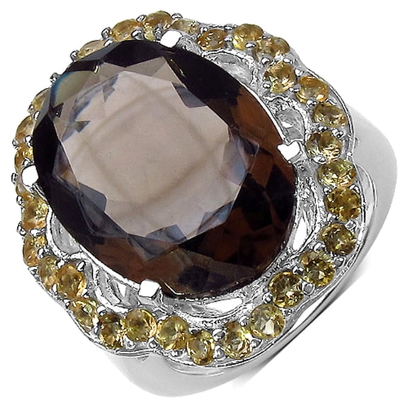 Genuine Oval Smoky Quartz and Citrine Ring in Sterling Silver - Size 7.00