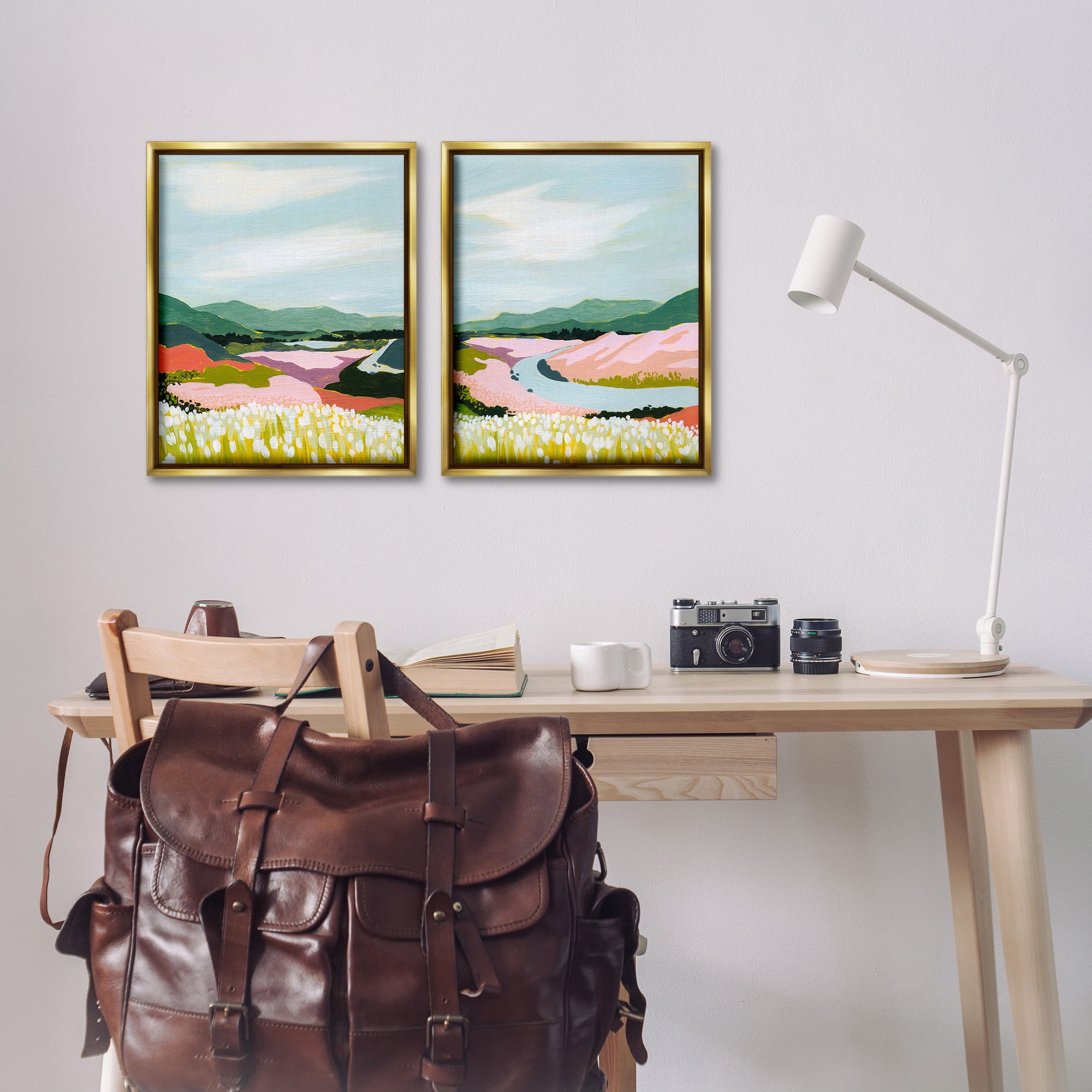 Stupell Industries Mountain Valley Meadow Landscape Painting Gold Floater Framed Canvas Art Print Wall Art, 17 x 21, Set of 2