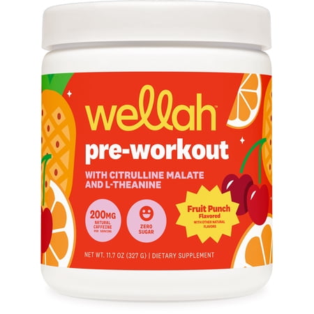 Wellah Pre-Workout Drink Mix (Fruit Punch) 200mg Natural Caffeine Per Serving (30 Servings) - with Citrulline Malate and L-Theanine, 200mg of Natural Caffeine & 1000mg of Beta-Alanine