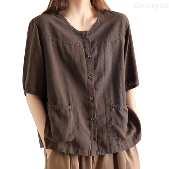 Lixiuxyad Vintage Linen Cardigan Shirt For Women Short Sleeve Button Up Top With Pocket Casual Style Womens Summer T Shirts,Brown L