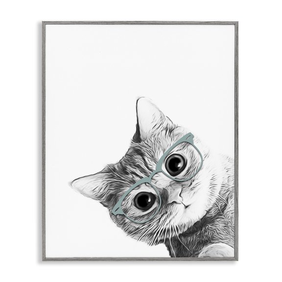 Stupell Industries Contemporary Monochrome Cat Kitten Peeking Glasses Portrait Gray Framed Giclee Art, 11 x 14, by Annalisa Latella