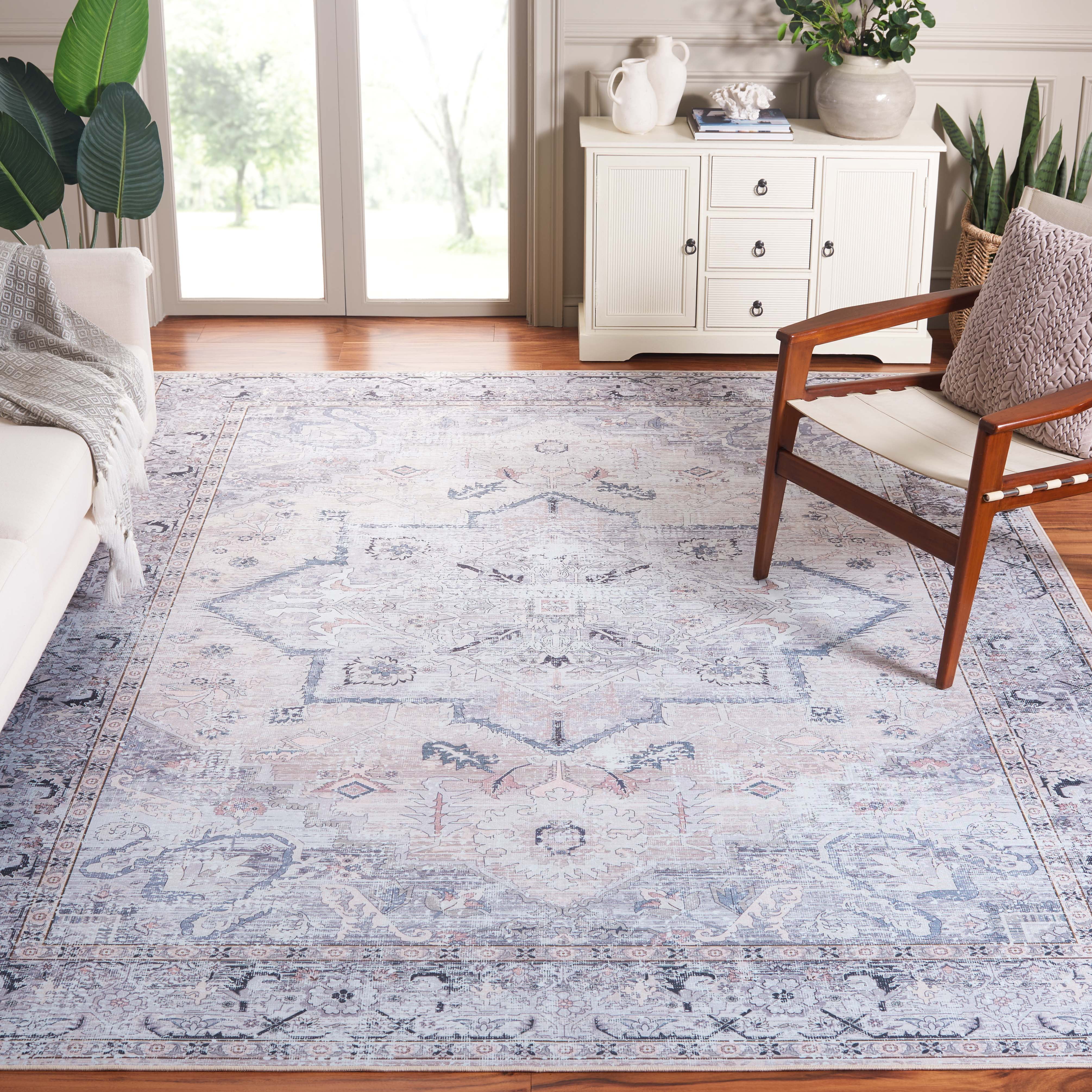 SAFAVIEH Tucson Beulah Oriental Machine Washable Area Rug, Beige/Grey, 8' x 8' Square