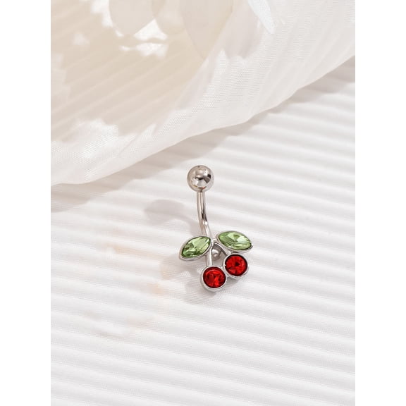 14G Sterile Steel Belly Button Ring 18K Gold Plated with Cerise for Women Body Jewelry Fruit Piercing Romantic and Cute Navel Ring Plata