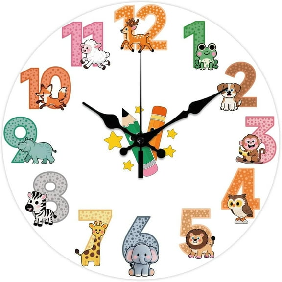 Cartoon Animals Pattern Wall Clock 12 Inch Non-Ticking Pen Pattern Clocks Round Wall Hanging Clock Battery Operated for Bedroom Living Room Kitchen Office