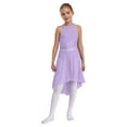 thumbnail image 3 of YIZYIF Kids Girls High-low Lyrical Modern Dance Leotard Dress Shiny Rhinestones Sleeveless Praise Dance Dress A Lavender 16, 3 of 7