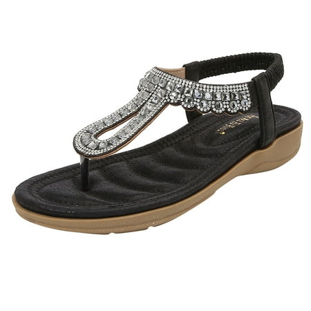 

QYZEU Womens Walking Sandals with Arch Support Heeled Sandals Women Shoes Thick Soles with Diamond Sandals Bohemian Style Sandals