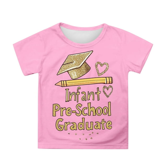 Little Girls Short Sleeve T Shirt With Cute Cartoon Print Crewneck Top Graduation Photo Tee For Kids Size 6-7T