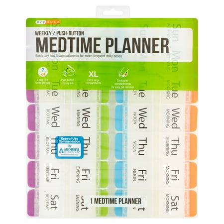 Ezy Dose 7 Day Pill - Ezy Dose 4x/Day Weekly Pill Organizer - 7 Day Medtime Planner with Push Buttons - Arthritis Friendly